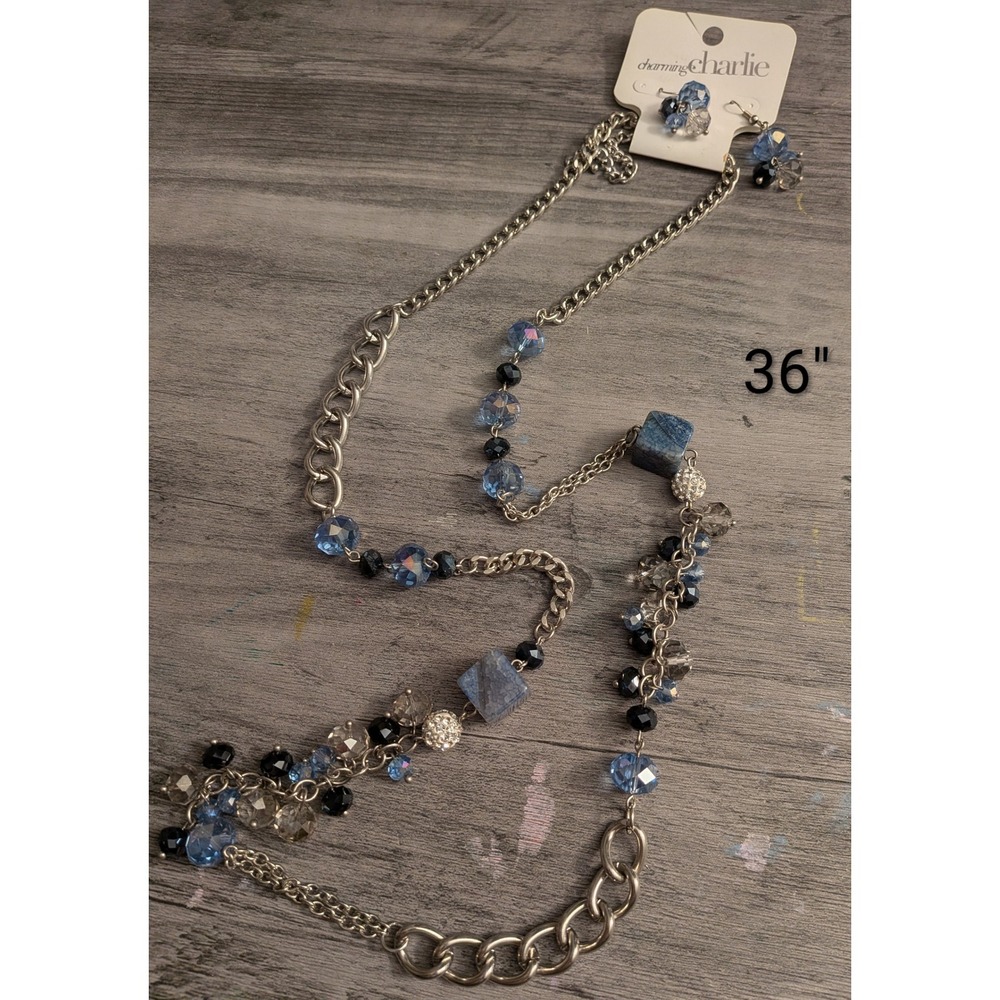 Charming Charlie Blue Black Silver Tone Beaded Long Necklace Earring Set 36 Inch